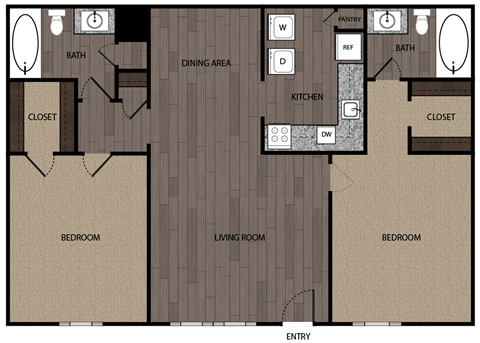 A floor plan of a house with a living room, dining area, kitchen, and two bedrooms.